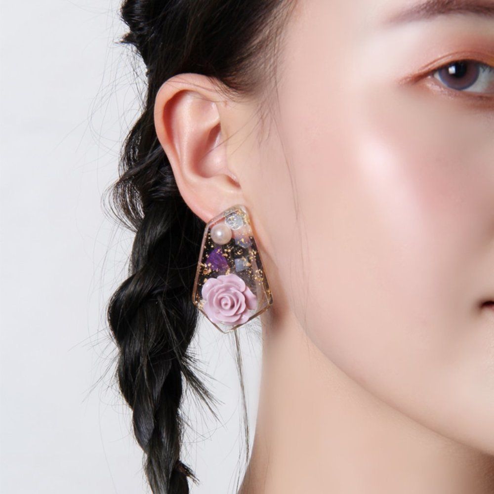 Purple Rose Resin Earrings | Gold Foils Pearl